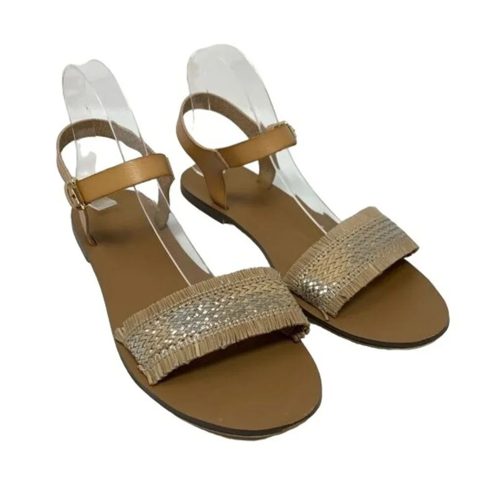 J. Crew Factory Raffia Ankle Strap Sandal Size 10 Boho Metallic Silver Tan Woven